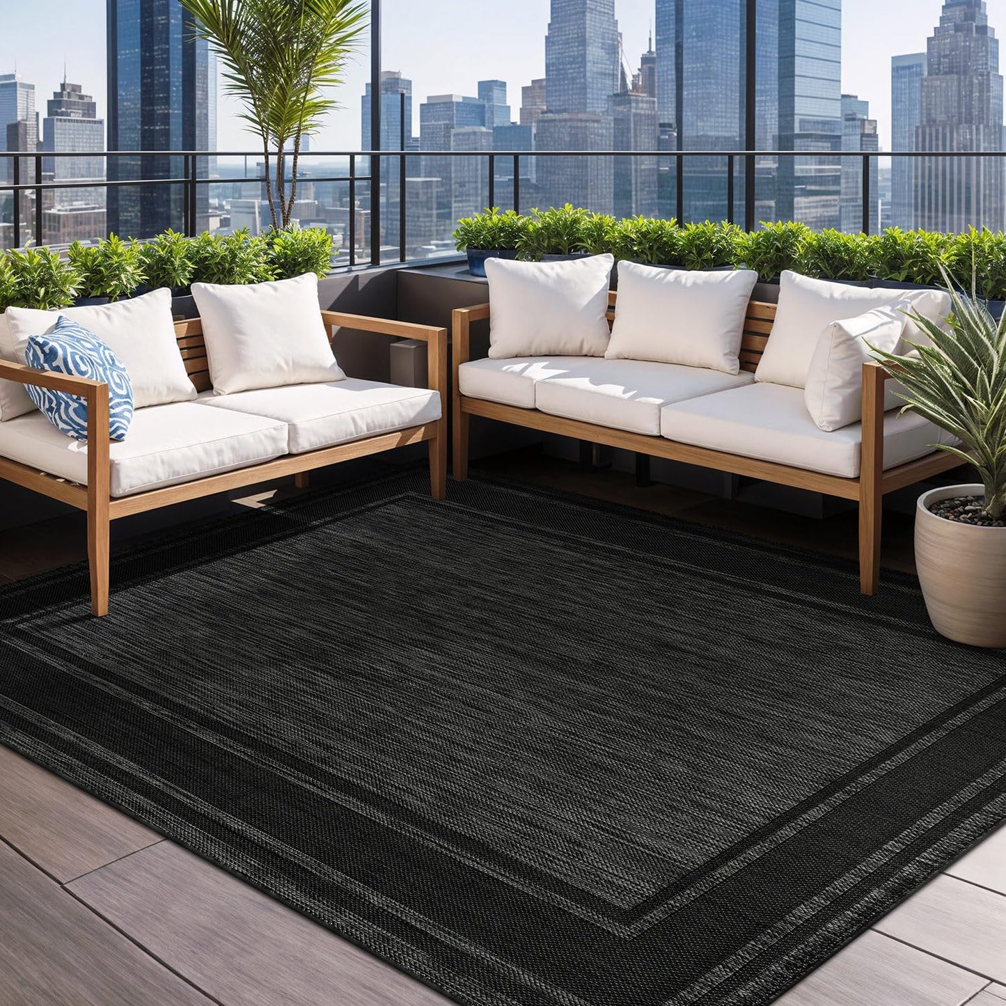 Beverly Rug Outdoor Rug 8x10 Modern Bordered Area Rugs for Indoor and Outdoor Patio Deck Porch Garden Waterproof Weather Sun Resistant Washable Outside Carpet (8 x 10 Black)