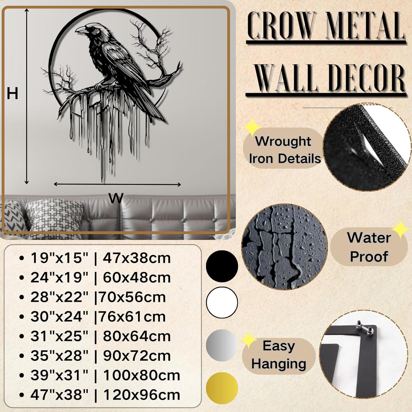 Crow Metal Wall Decor, Raven Wall Art, Large Gothic Raven Decor Hangings, Bird Wall Decor, Metal Tree Branch Decor, Ravens Sign, Raven Art for Living Room (Silver, 47"x38" | 120x96cm, metal wall art)