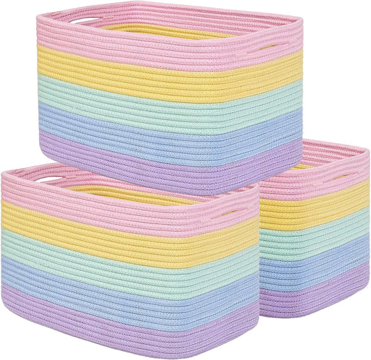 Shelf Baskets for Organizing, Woven Storage Basket for Shelves，Cotton Rope Storage Bins for Toys Books, Nursery Towel Baskets for Classroom, 14.96"X9.8"X8.85", 3-Pack Pastel Rainbow