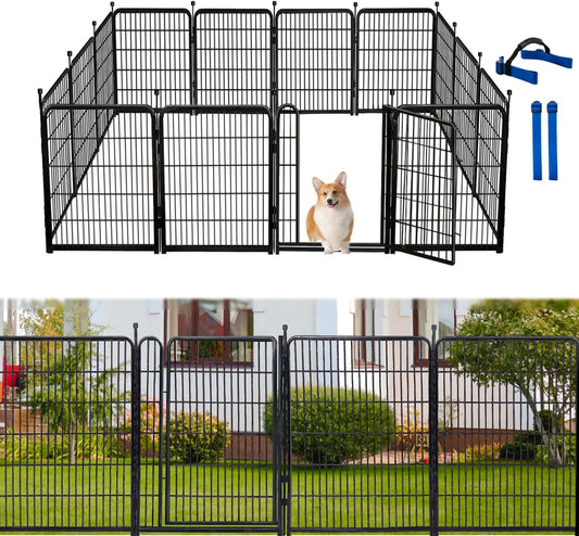 Tall Garden Fence Animal Barrier, 54 in(H) Dog Fences for The Yard, 10 Panels Total 22.1 Ft(L) Garden Edging Fence, 21 in Wide Low Threshold Gate, Temporary Fences for Dogs Outdoor