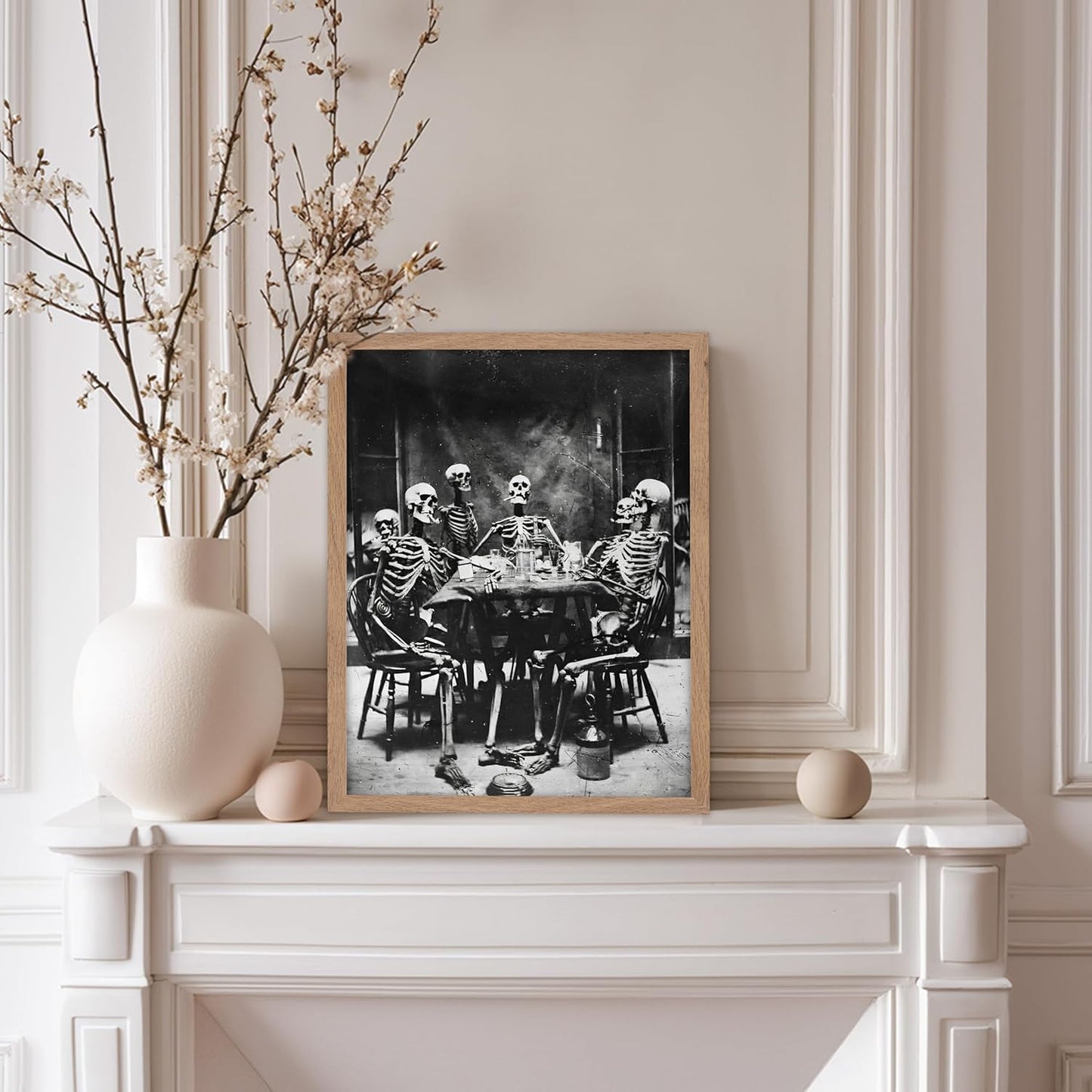 Poster Master Vintage Photograph Poster - Retro Daguerreotype Print - Gift for Artist, Friend - Skeletons Smoking at Table, Dinner Party, Goth - Wall Decor for Home, Dorm, 11x14 Beige Framed