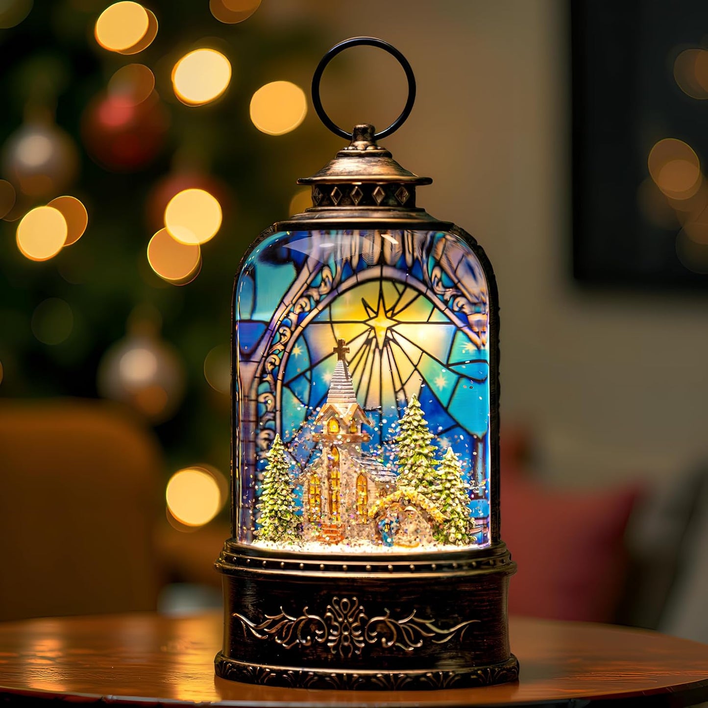 Christmas Snow Globe Lantern Water Glittering Churches & Holy Family with Music& Timer, USB Lined/Battery Operated Lighted Lantern for Christmas Festival Decoration Gifts