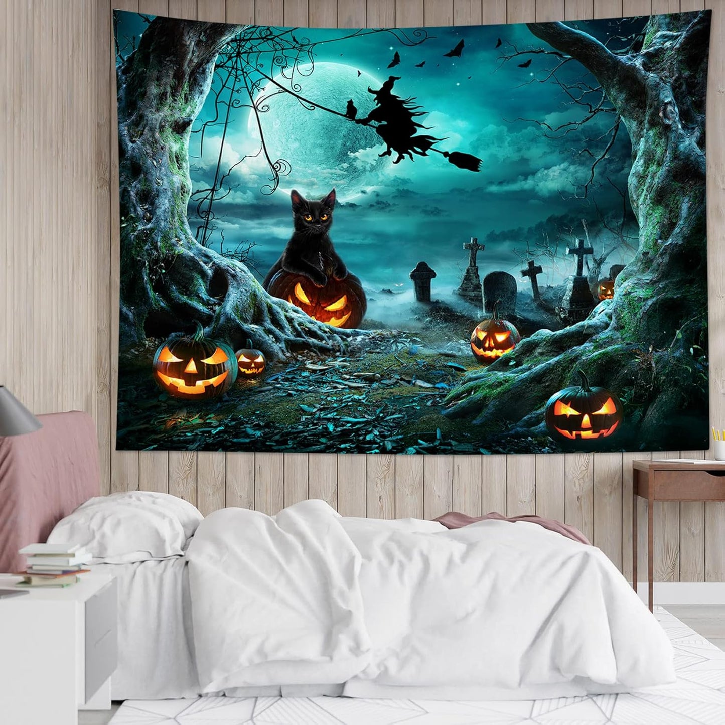 LB Halloween Tapestry Pumpkins Black Cat Dead Tree in Spooky Graveyard Full Moon Night with Witch Halloween Wall Hanging for Bedroom Living Room Dorm Decor 59x51 Inch