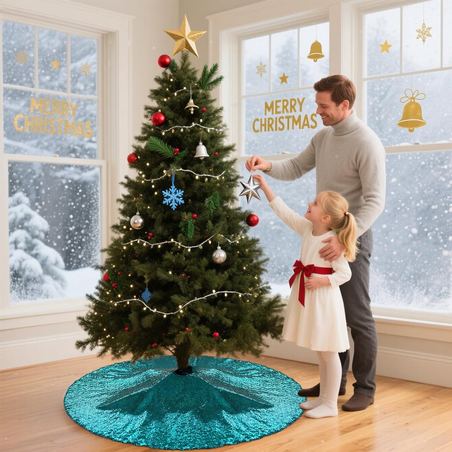 Eternal Beauty Christmas Tree Skirt, 50 Inch Teal Sequin Tree Skirt Small Xmas Tree Skirt for Christmas Tree Decorations