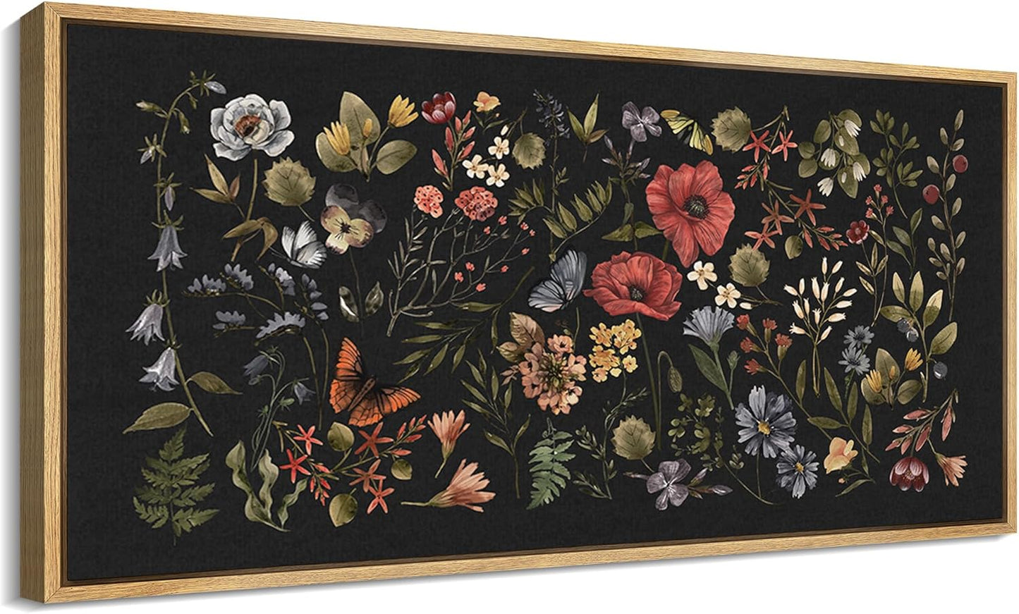 MUDECOR Extra Large Framed Canvas Print Wall Art Midnight Garden Vintage Floral Illustrations Antique Retro Fine Art Illustrations Decorative Colorful for Bedroom - 60"x30"