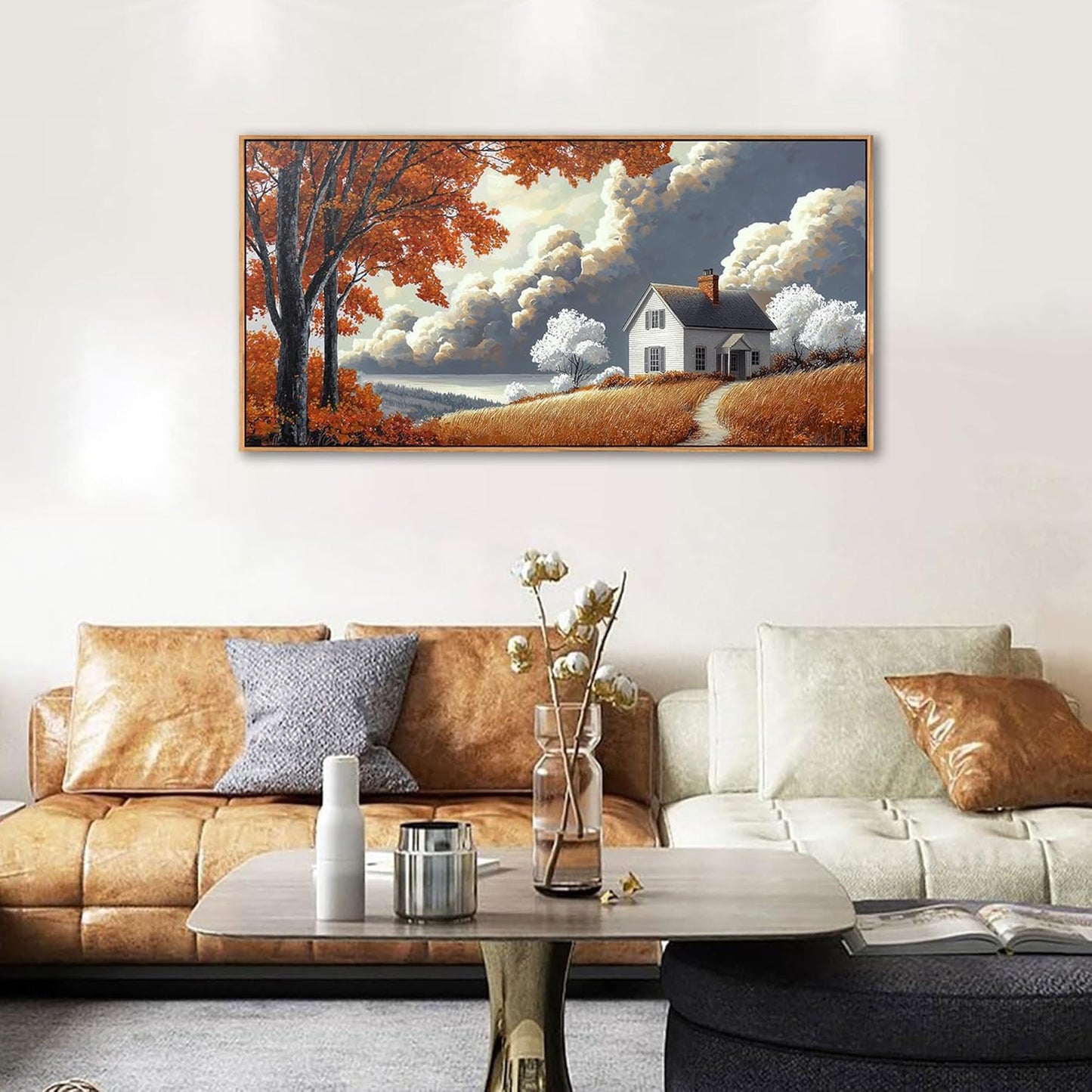 QZQCBLC Farmhouse Wall Art, White Clouds Orange Trees Landscape Pictures Rustic Cabin Painting Framed Artwork for Living room Bedroom Bathroom Home Office Decor 20x40 IN