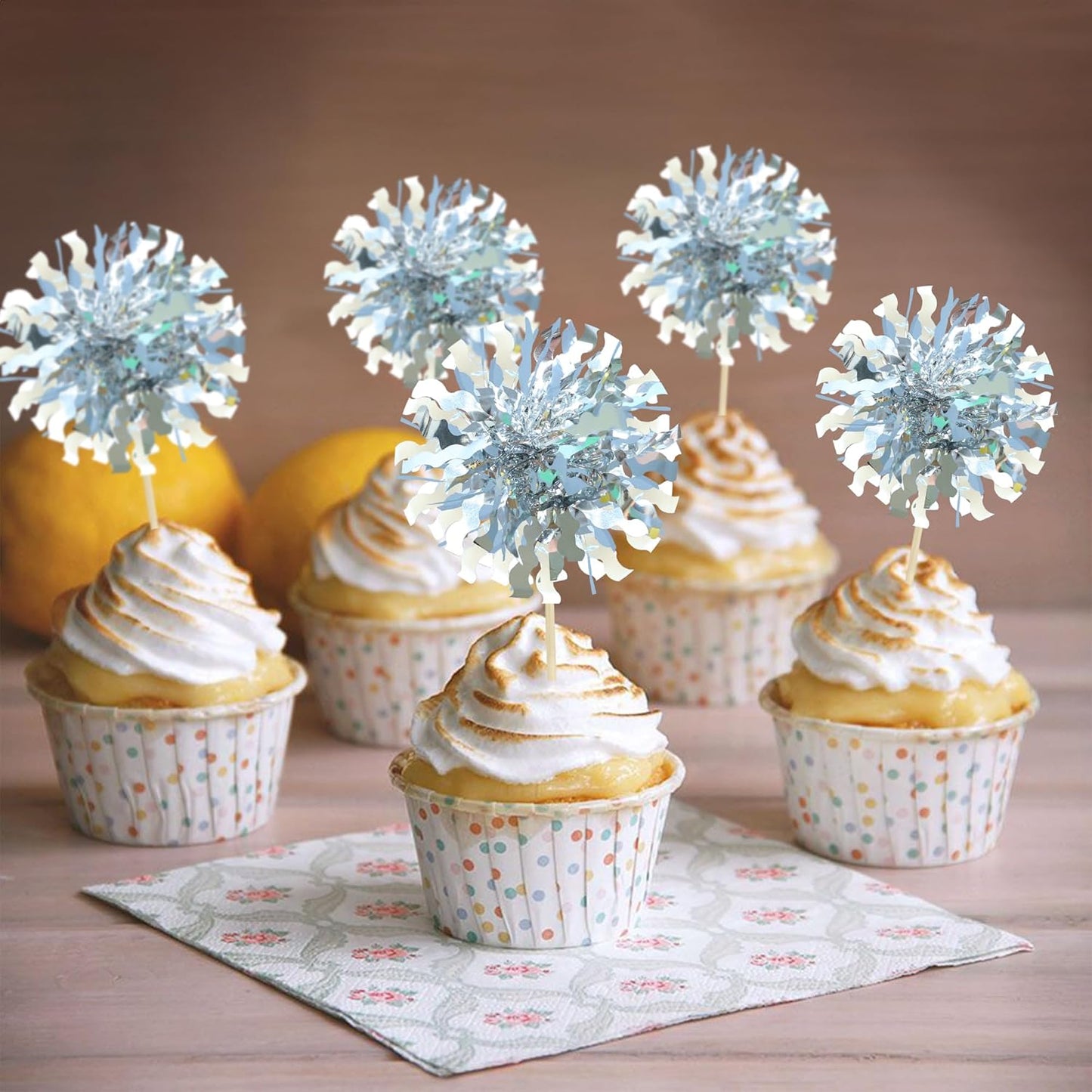 Ephlyn 30Pcs Foil Firework Cupcake Toppers Happy Birthday Cake Toppers Tinsel Flower Drink Stirrers Cocktail Food Fruit Toothpicks for Valentine's Day Party Decorations Silver