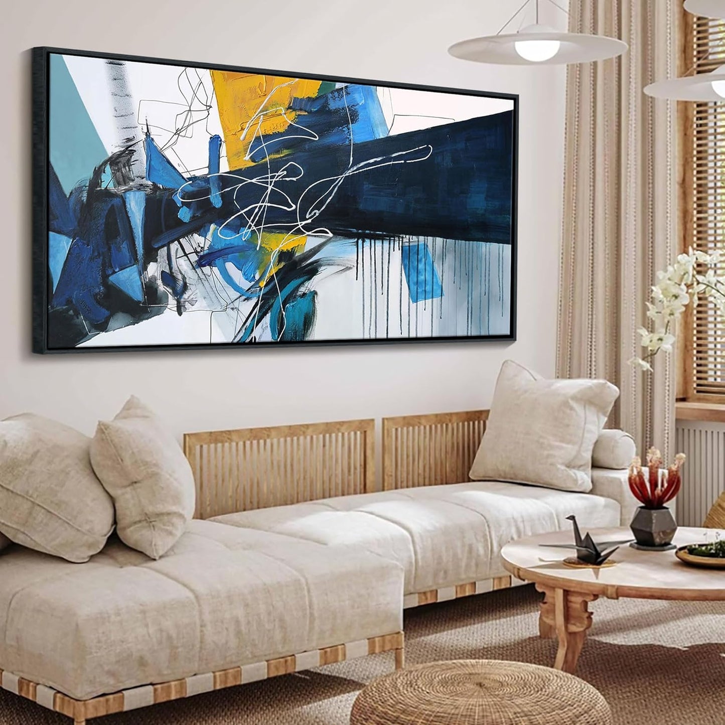 KLAKLA Extra Large Wall Art for Living Room - Blue and white Canvas Framed Wall Decor Living Room Abstract Picture Artwork for Office Bedroom Decorative Paintings