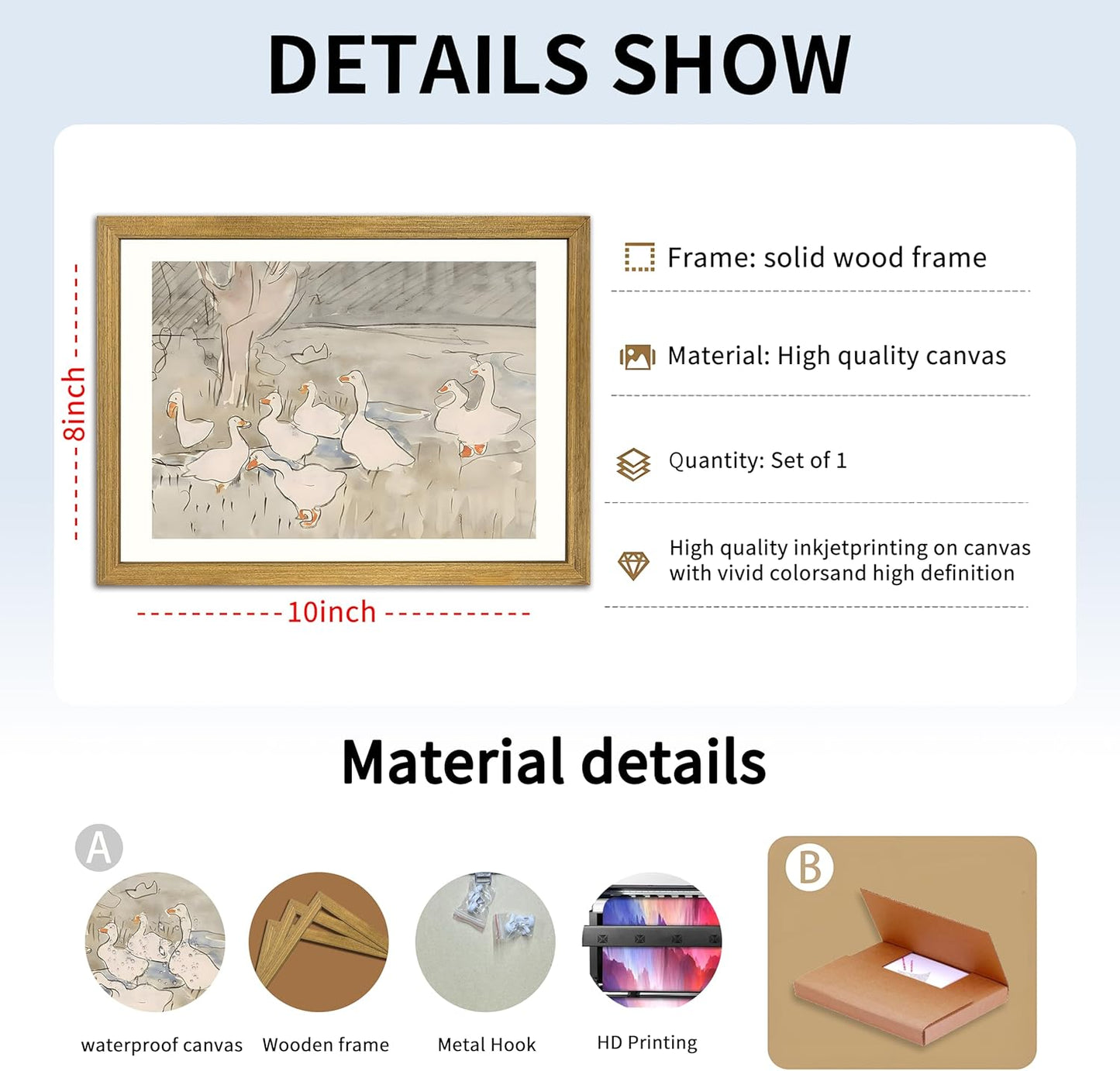 Vintage Framed Goose Wall Art Watercolor Print, Rustic Farm Duck Decor Canvas Painting, Minimalist Pastoral Poster Picture, Country Cottage Wall Decor for Living Room Kitchen Bathroom Bedroom 8x10 in