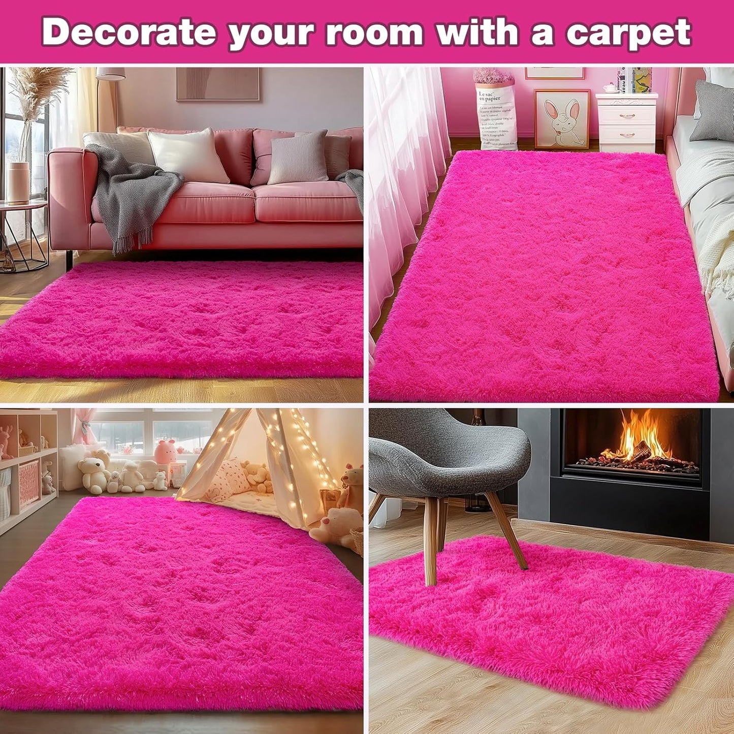 Rezutan Soft Fluffy Rug for Living Room Bedroom, Large Comfy Modern Shaggy Fuzzy Plush Indoor Nursery Classroom Home Decor Bedside Rug with Non-Slip Bottom, Hot Pink, 8 X 10 Feet