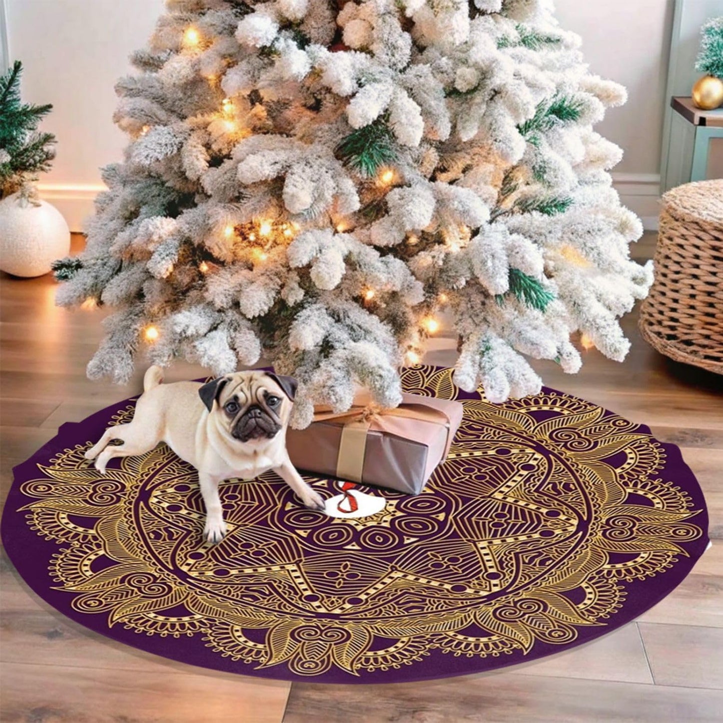 36" Dark Amethyst Purple Mandala Star Christmas Tree Skirt Tree Mat Base Cover for Xmas Festive Holiday Party Decoration Ornaments