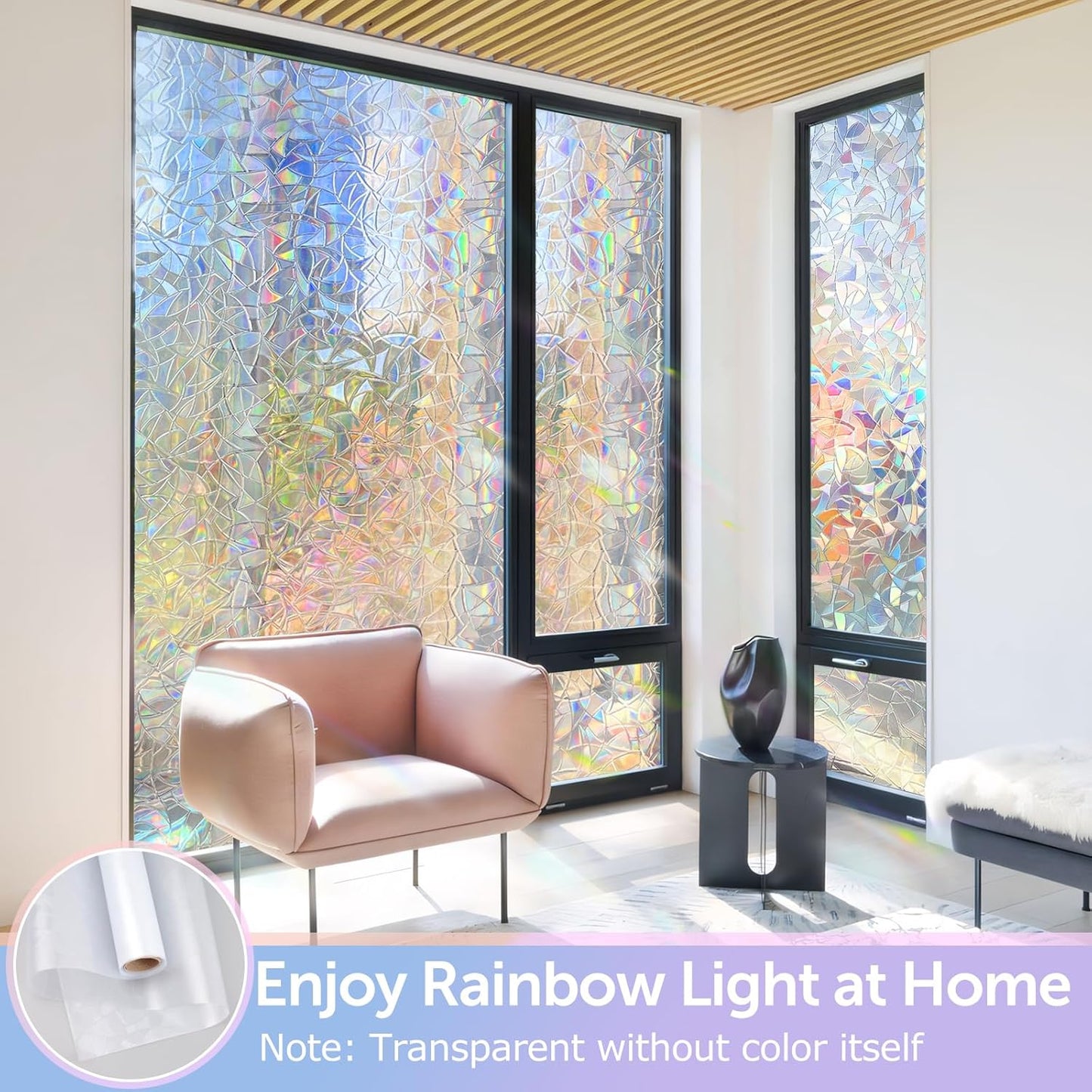 HIDBEA Window Privacy Film Non-Adhesive Static Cling Stained Glass Window Film Rainbow Glass Stickers Reusable Anti UV 3D Decorative Window Film for Home Door, 17.3 x 78.7 Inch
