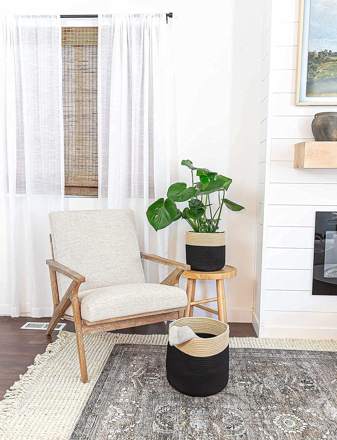 Woven Cotton Rope Plant Basket for 10" Flower Pot Floor Indoor Planters Flower Pot, Home Decor Storage Organizer H11 x W11 Black&Brown