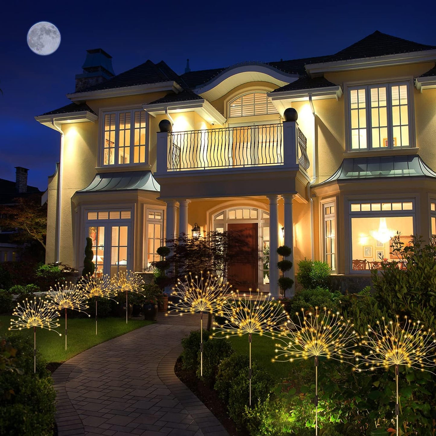 Solar Outdoor Warm White Garden Lights, 4 Pack Firework With 120 LED Starburst String 8 Modes Fairy With Remote, for Wedding Christmas, Lawn Backyard Party Patio Decoration