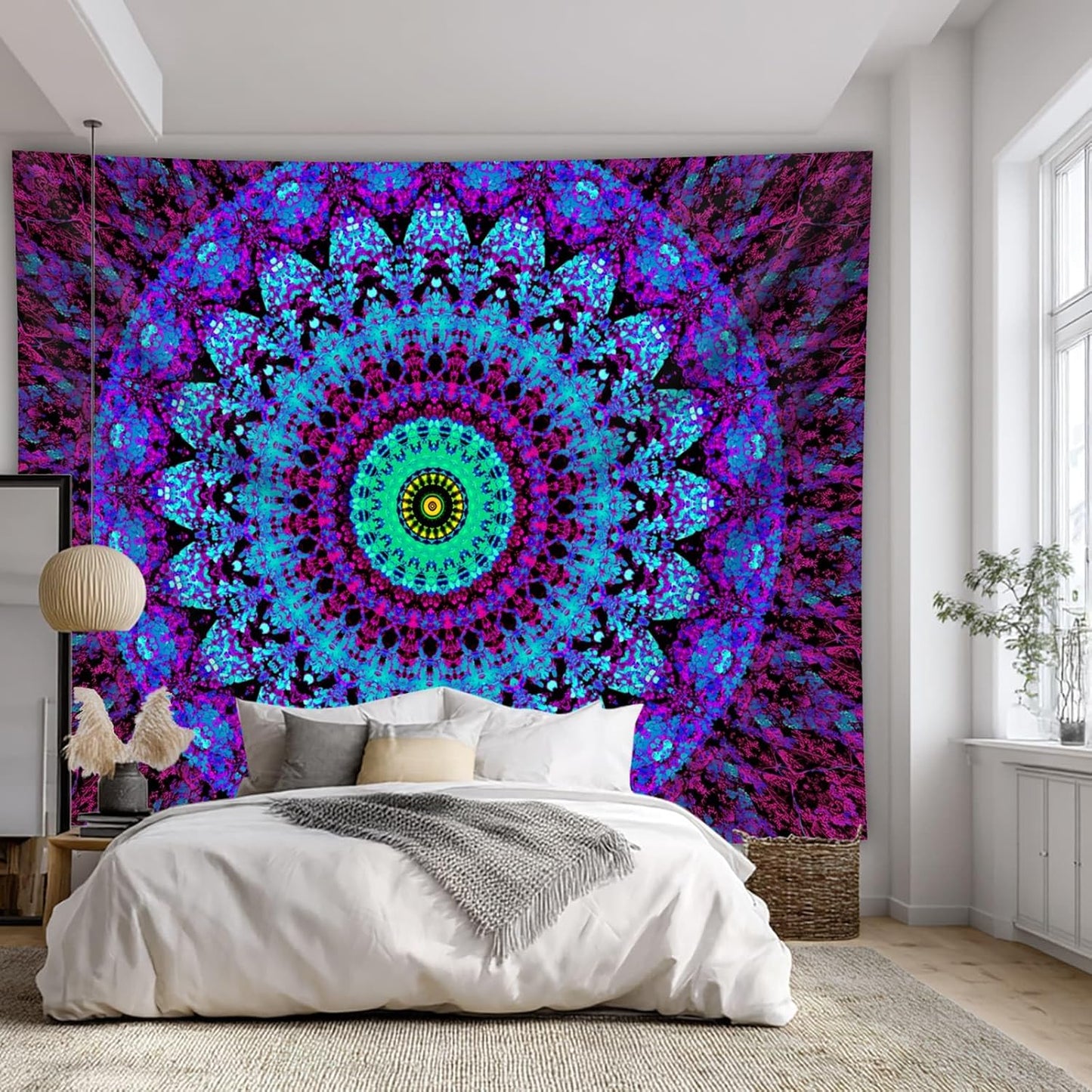 Blacklight Mandala Boho Tapestry, Black Light Bohemian Hippie Poster for Adults and Teens, UV Reactive Aesthetic Wall Art Decor for Bedroom (80 x 60 Inches)