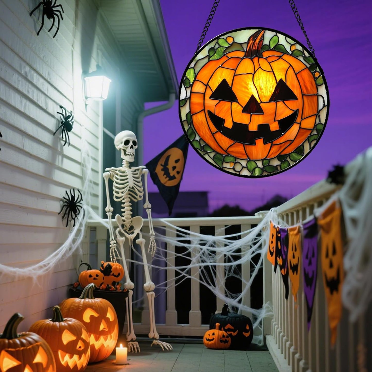 Stained Glass Window Hanging, Halloween Decorations Evil Pumpkin Suncatcher for Doors Garden Indoor Spooky Funny Orange Sun Catchers Gothic Decor Horror Gifts for Women Men Friend 11.8 in