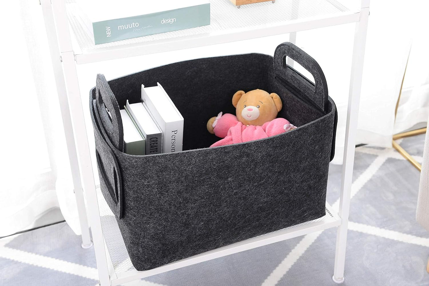 Storage Basket Felt Storage Bin Collapsible& Convenient Box Organizer with Carry Handles for Office Bedroom Closet Babies Nursery Toys Laundry (Dark grey, 17.9inch（L）×12.2inch（W）×11.6inch（H）)