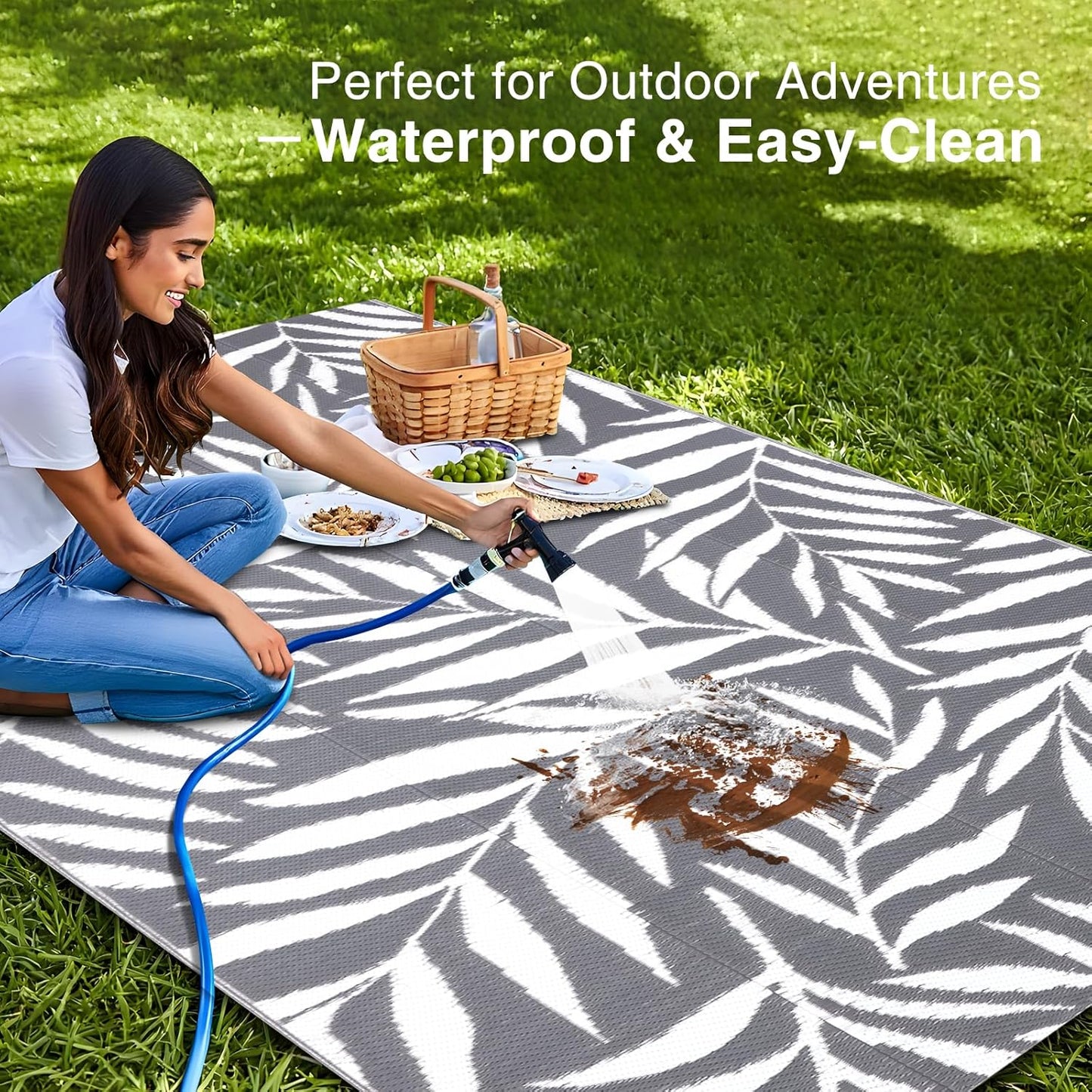 OLANLY Waterproof Outdoor Rug 5x8 ft, Reversible Outdoor Plastic Straw Rug with Leaf Pattern, RV Mat, Indoor Outdoor Carpet for Patio, Camping, Balcony, Deck, Backyard, Grey & White