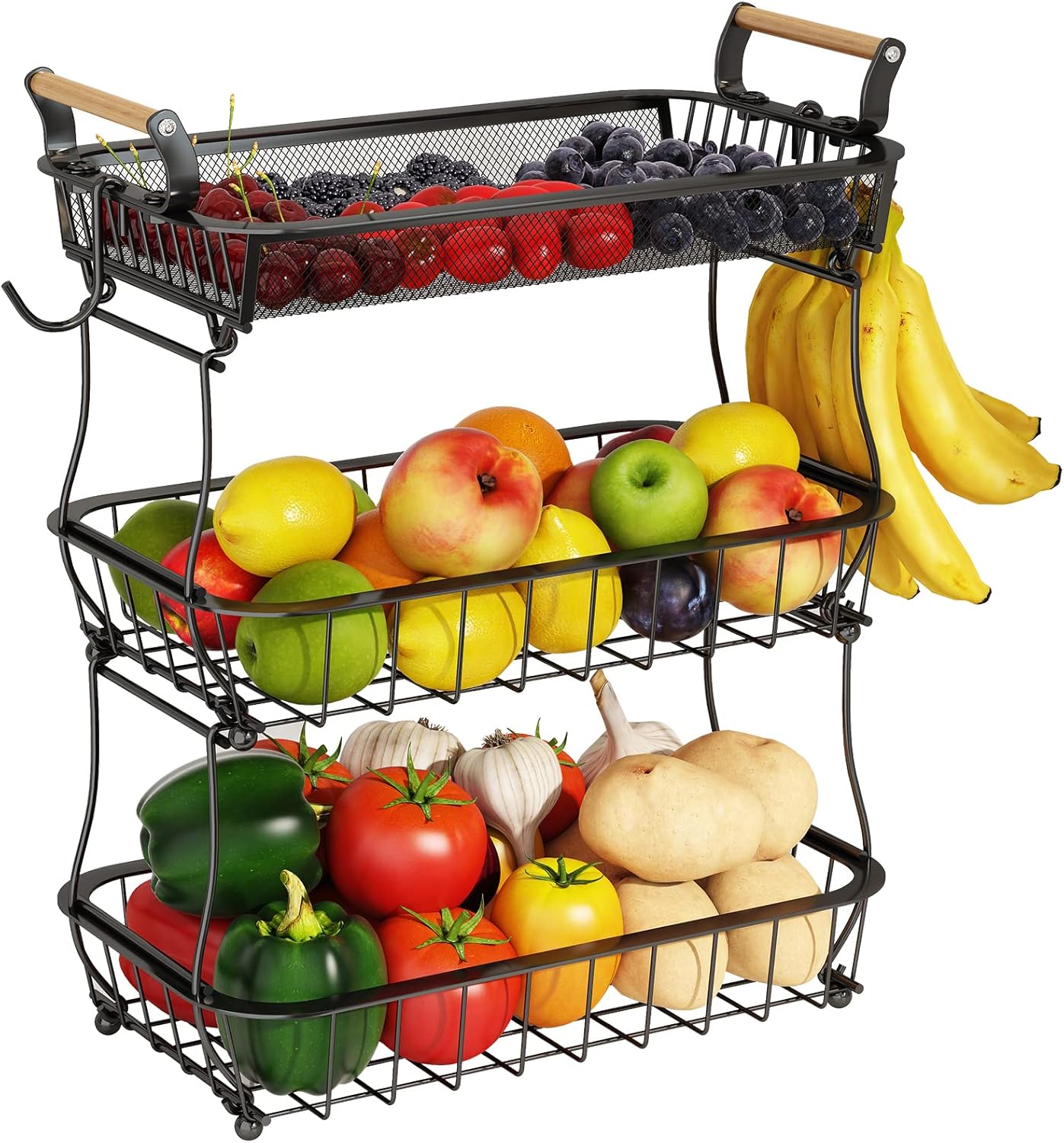 ANTOPY 3 Tier Fruit Basket with 2 Banana Hangers, Countertop Fruit Vegetable Basket Bowl for Kitchen Counter Metal Mesh Basket Fruits Stand Produce Holder Organizer for Onion Potato Bread Snack Veggie