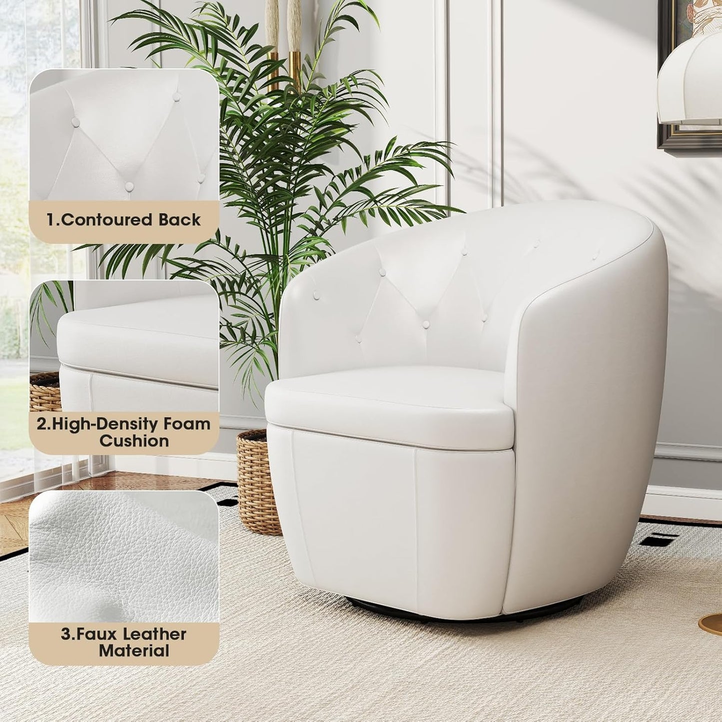 360° Swivel Leather Accent Chair, Modern Barrel Club Chair with Leather Upholstery and Sturdy Base, Comfortable Armchair for Living Room, Bedroom, Reading Nook, White