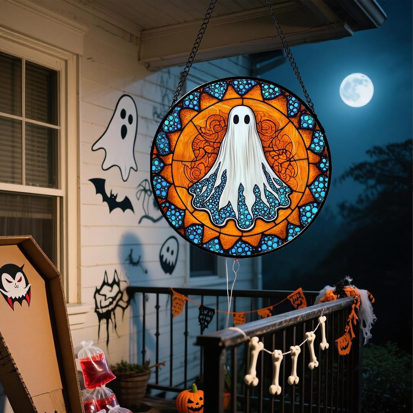 Stained Glass Window Hanging - Halloween Decorations White Ghost Suncatcher for Doors Garden Indoor Spooky Funny Blue Sun Catchers Gothic Decor Horror Gifts for Women Men Friend 7.8 in