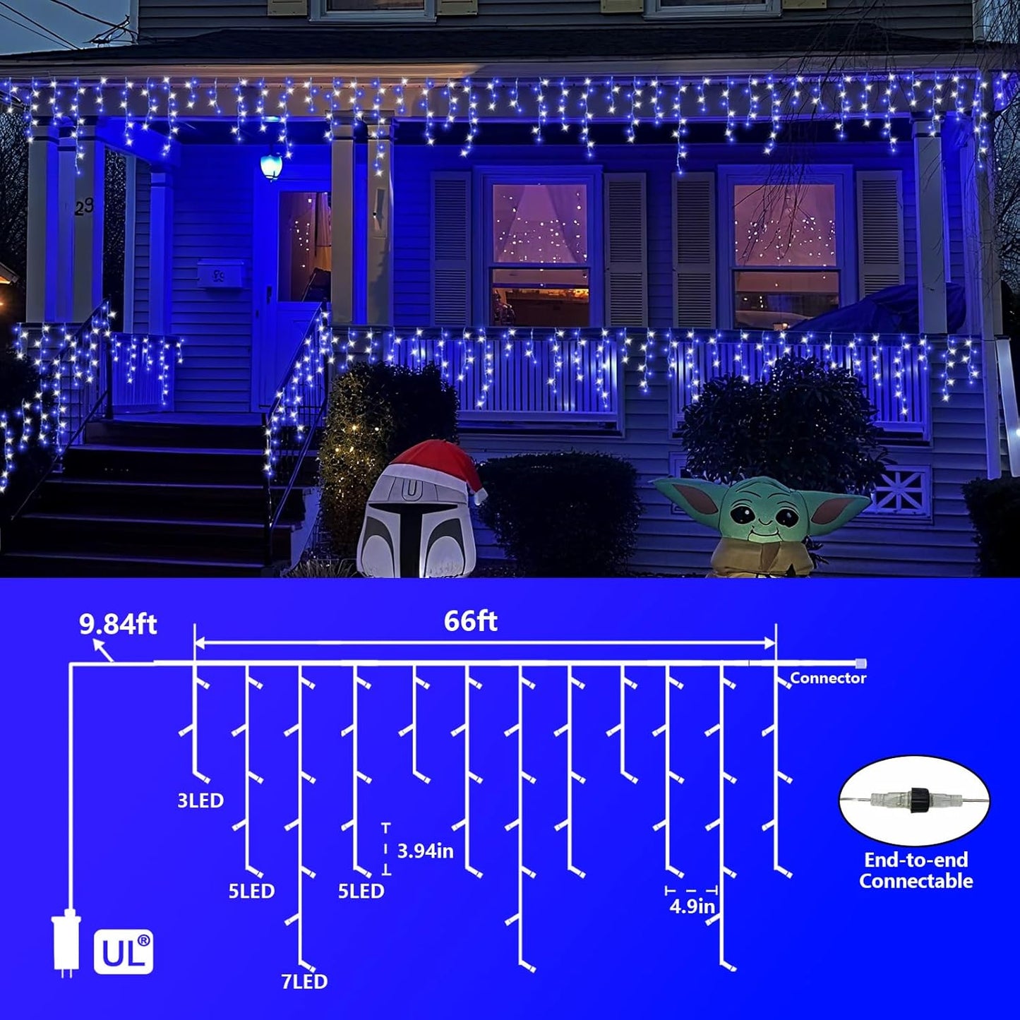 800 LED Icicle Lights Blue and White