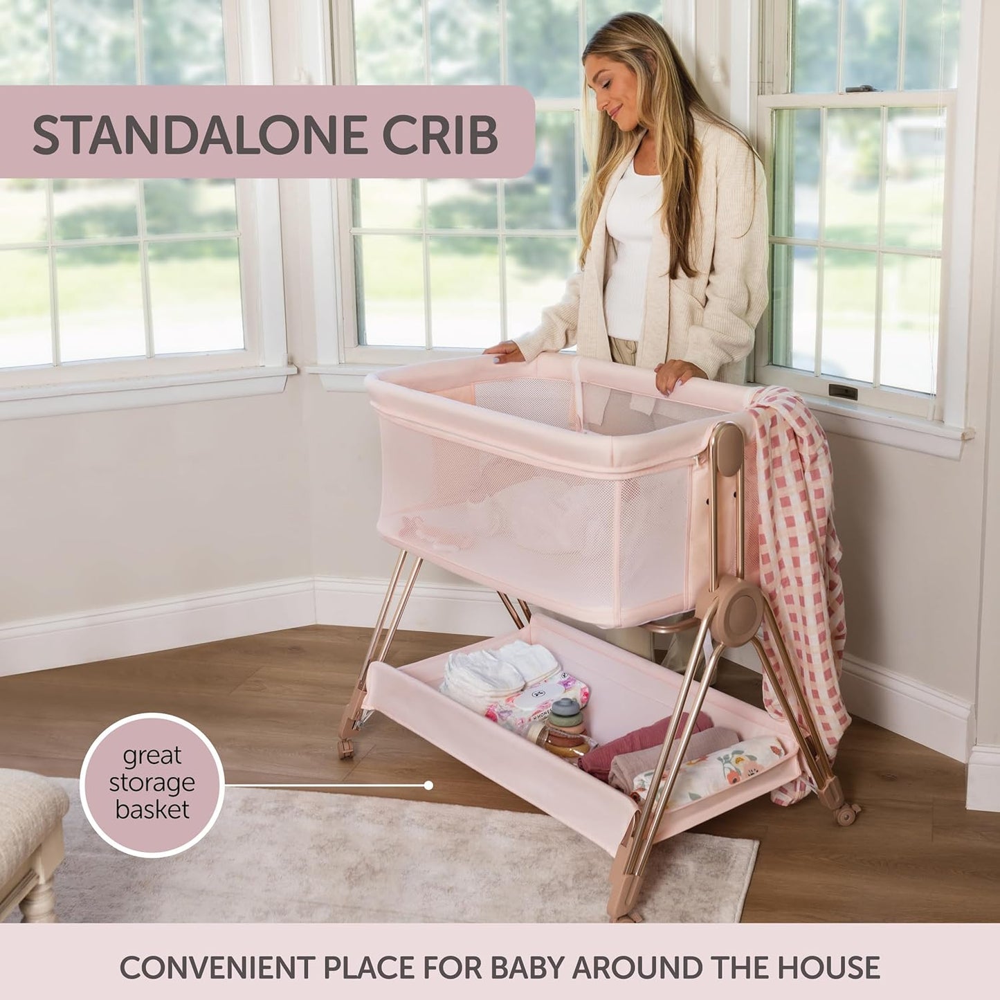 Baby Bedside Sleeper - Bassinet & Bedside Crib with Height Adjustment & Wheels - Can Be Placed Next to Bed - Attaches to Parents Bed - Easy to Fold & Carry Bassinet for Girls (Pink)