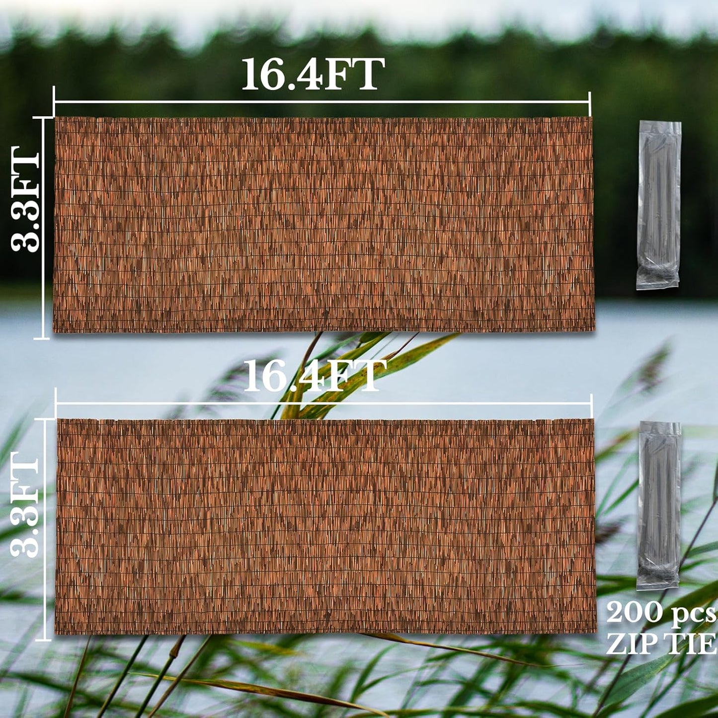 Brown 2 Pack 3.3FT X 16.4FT Reed Fencing Roll, Balcony Privacy Shade Reed Bamboo Fencing Garden Fence Border, Wind Block Sunshade Fence Screen for Outdoor Yard Patio Flower Bed Edge