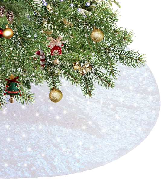 Eternal Beauty Christmas Tree Skirt, 36 Inch White Iridescent Sequin Tree Skirt Small Xmas Tree Skirt for Christmas Tree Decorations