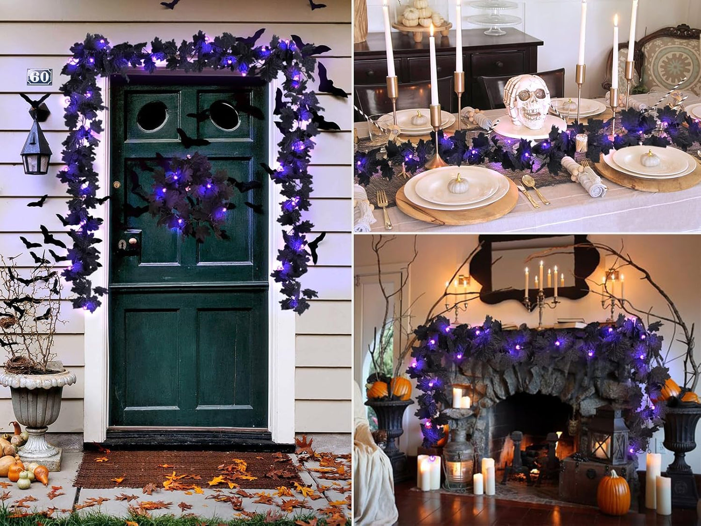 RECUTMS Halloween Maple Leaf Garland with Purple Lights - Black Artificial Leaves Decor for Home Mantle, Stairs, Indoor/Outdoor - 2 Pack