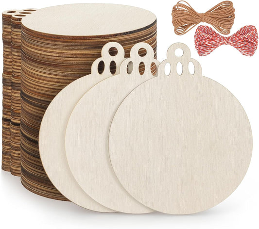 Fuyit 50PCS 4-Inch Wooden Christmas Ornaments, Unfinished Pre-Drilled Wood Slices Circles for DIY Crafts, Party Decorations & Holiday Ornaments