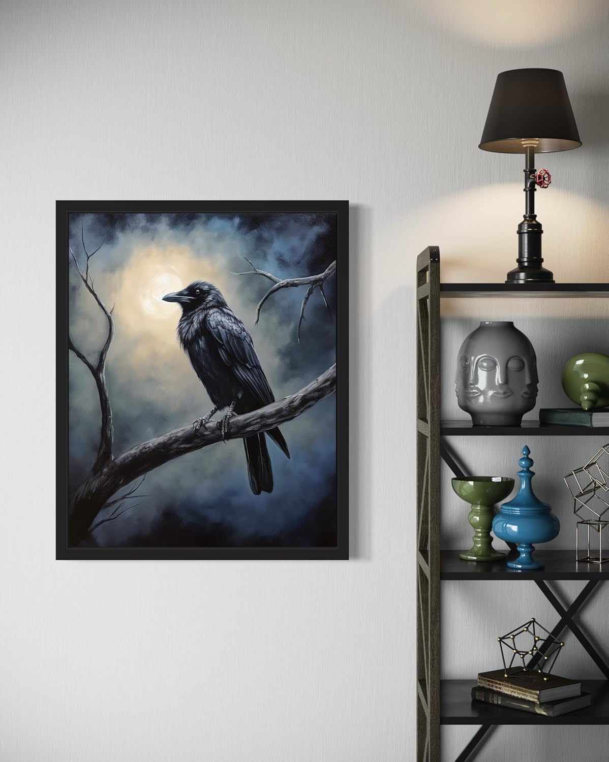 Crow under the Moonlight Poster Art Print, Halloween Scary Vintage Wall Art Academia Spooky Painting Decoration for Horror Prints, Gothic Posters Bedroom Decor 89 (Crow under the Moonlight, 8 x 10 inches, Black Frame)