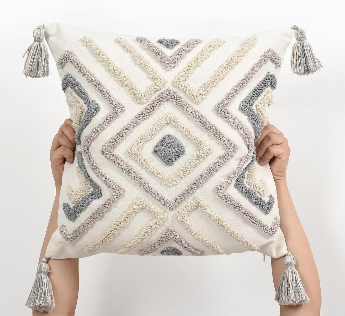 Boho Pillow Covers 18X18 Inch Boho Tufted Throw Pillow Covers Decorative Tassels Cushion Cover Farmhouse Pillow Case for Couch Sofa Bed Living Room Bedroom, Grey Netural