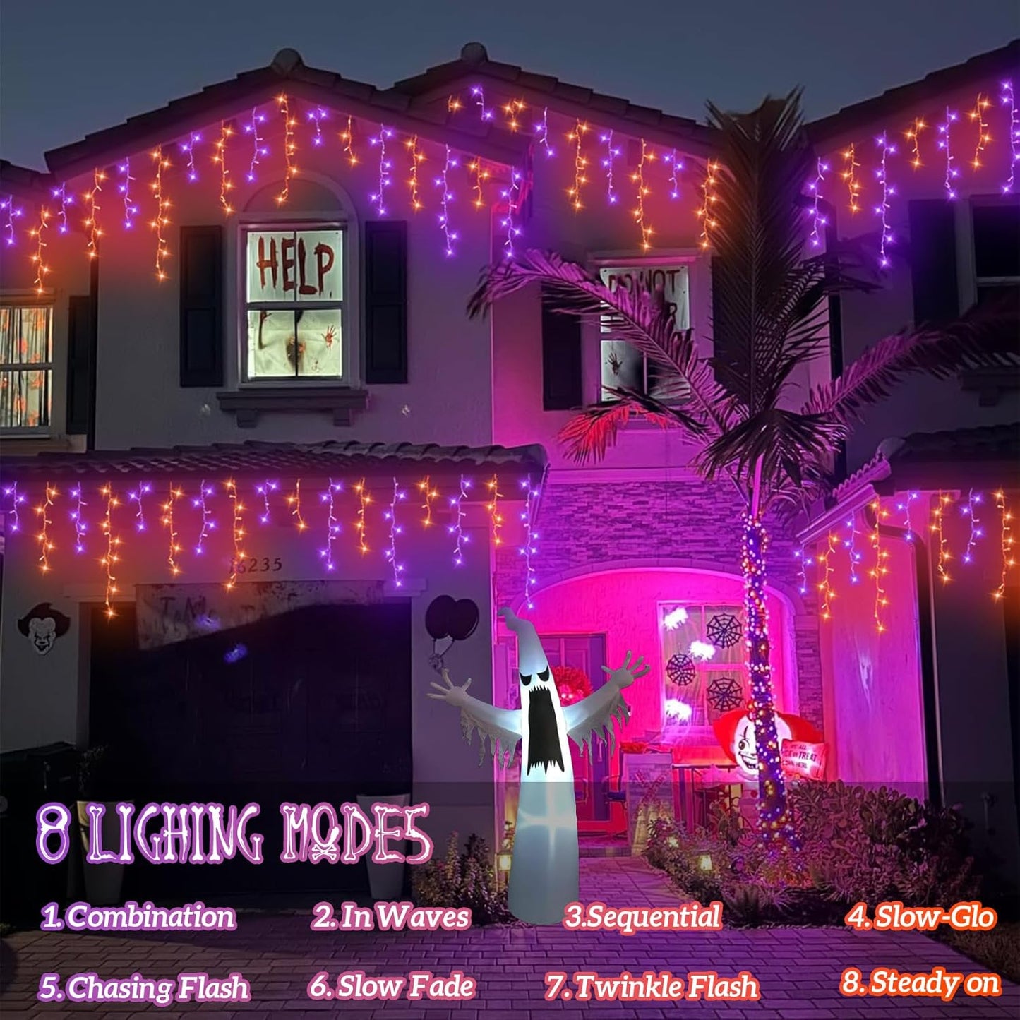 YEGUO 33ft 400 LED Orange and Purple Icicle Halloween Lights, 80 Drops Icicle Lights Connectable, 8 Modes Icicle Christmas Light with Memory Timer