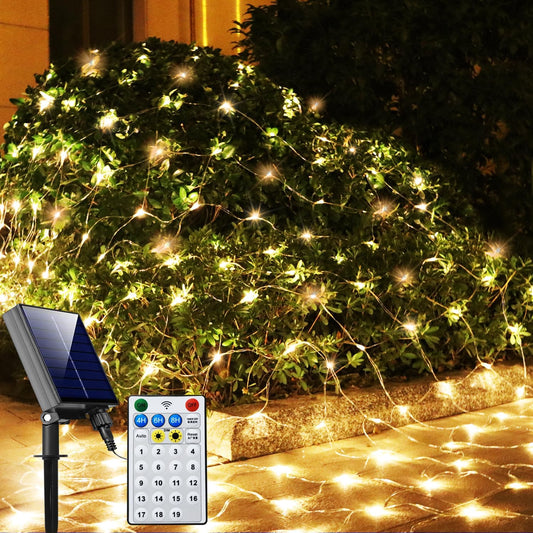 Solar Net Christmas Lights Warm White, 200 LED Net Lights Outdoor Mesh Lights, 19 Modes Solar Powered/USB String Lights for Garden, Yard, Bushes, Trunk, Halloween, Xmas Tree Decor