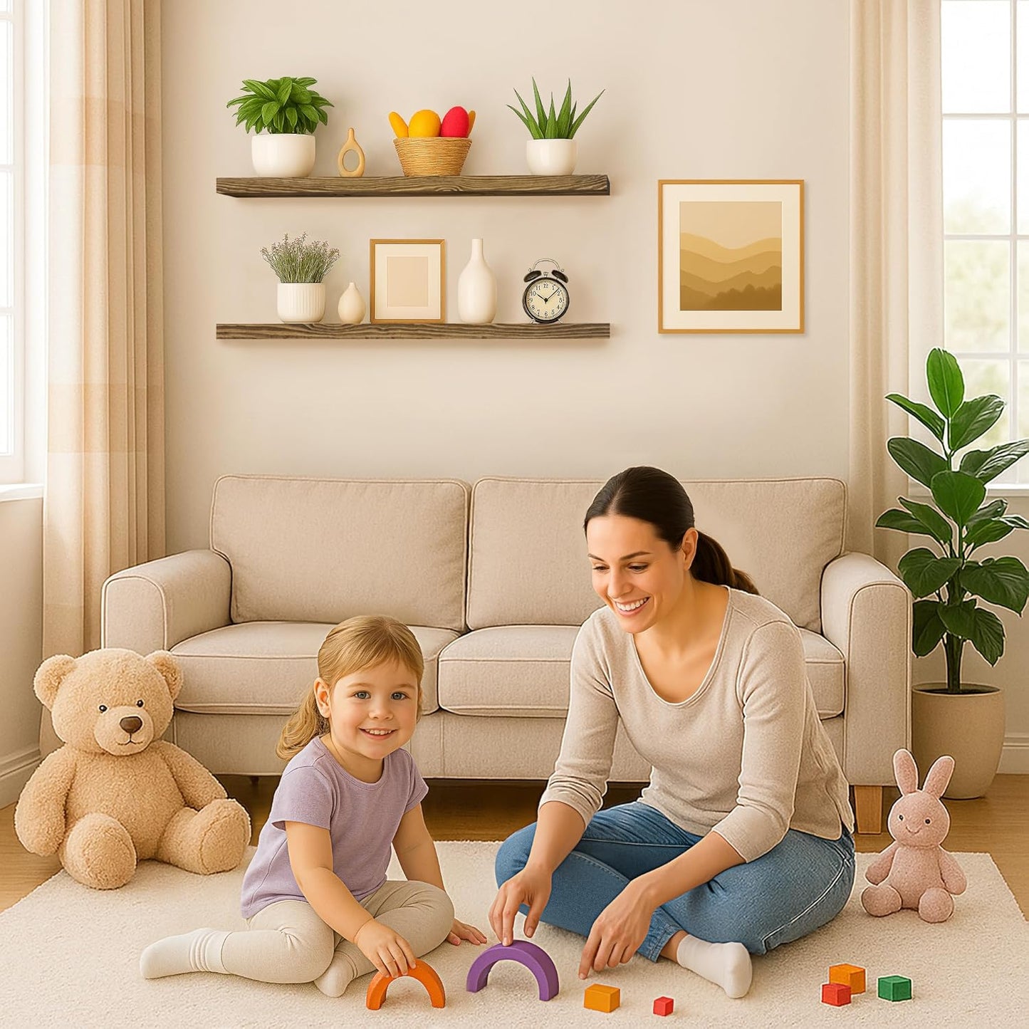 BGMG Wood Floating Shelves for Wall 36 inch Set of 2,Rustic Wooden Wall Mount Shelves for Bathroom Living Room Bedroom Kitchen Farmhouse -36x 6.7 x1.25 inch- Walnut Color