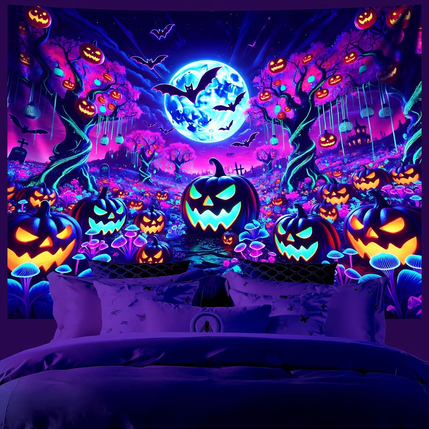 AOHMPT Glow-in-the-Dark Halloween Tapestry - UV Reactive Black Light Wall Hanging Decor for Spooky Parties, Bedroom, Living Room (Pumpkin-Bat, 79L x 59W, Unframed)