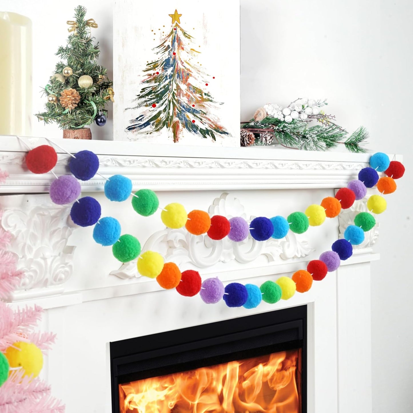 XmasExp Rainbow Colorful Pom Pom Garland Decorations, Large Felt Ball Garland for Classroom, Mantle, Indoor Home Decor, Tree Ornaments, Kids Room and Party Hanging Decor,1.57" 13 Ft