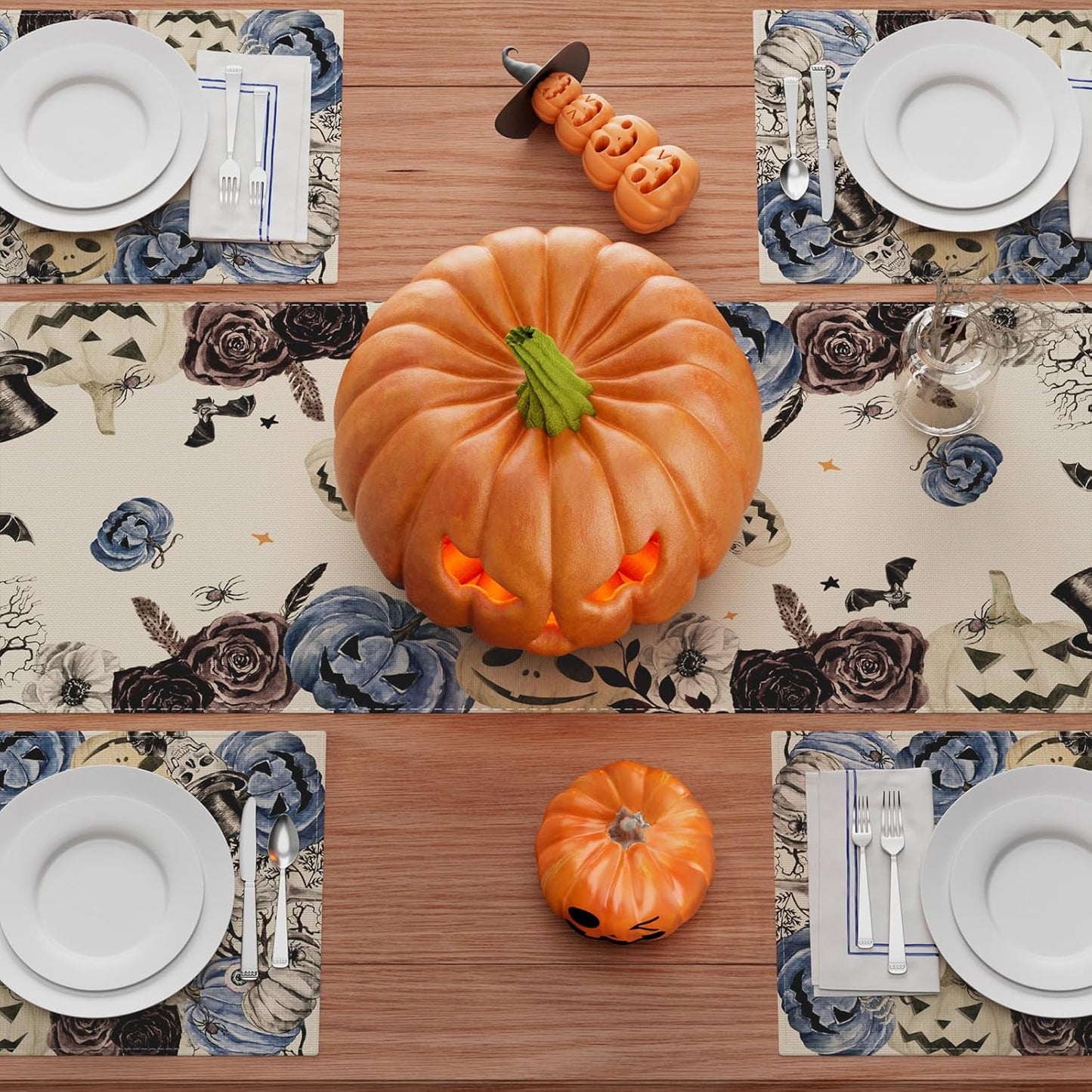 XCHI Spooky Blue Pumpkin Halloween Table Runner Party Table Decoration for Home Kitchen Dining Holiday Decor 13x36 Inch