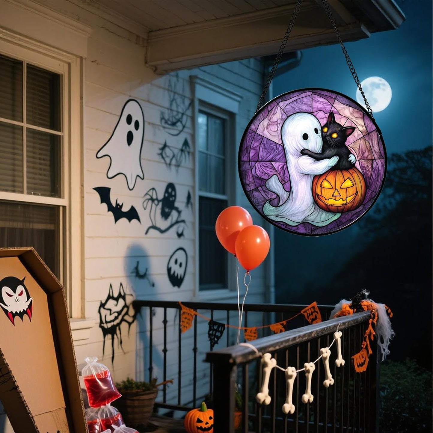 Stained Glass Window Hanging - Halloween Decorations Ghost Black Cat Pumpkin Suncatcher for Door Garden Spooky Purple Sun Catchers Gothic Decor Horror Gifts for Women Men Friend Boy 7.8 in