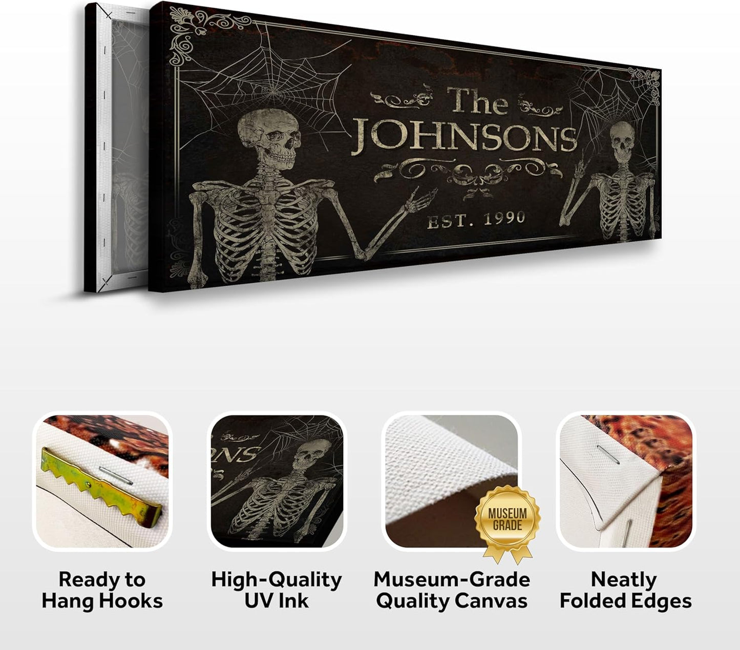 Tailored Canvases Gothic Family Wall Decor - Personalized Grunge Vintage Skeleton Room Decor for Home, Halloween Lovers, Men & Women for Bedroom, Living Room - Goth Spooky, Custom Couple Name, 36"x12"