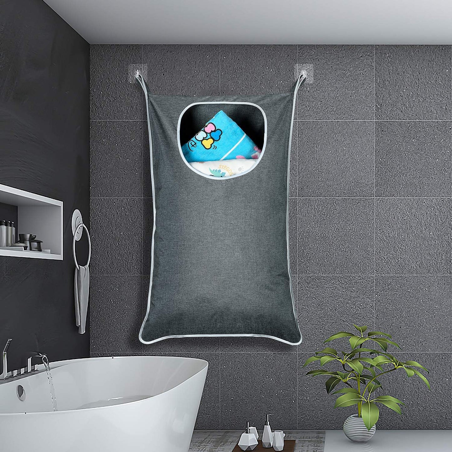 XL Large Hanging Laundry Bag with Hanging Hooks, Over the Door Laundry Bag and Hanging Laundry Hamper with Zipper, Hanging Storage Bag for Laundry, Toys, Towels, 36x 22 Inch,Grey.
