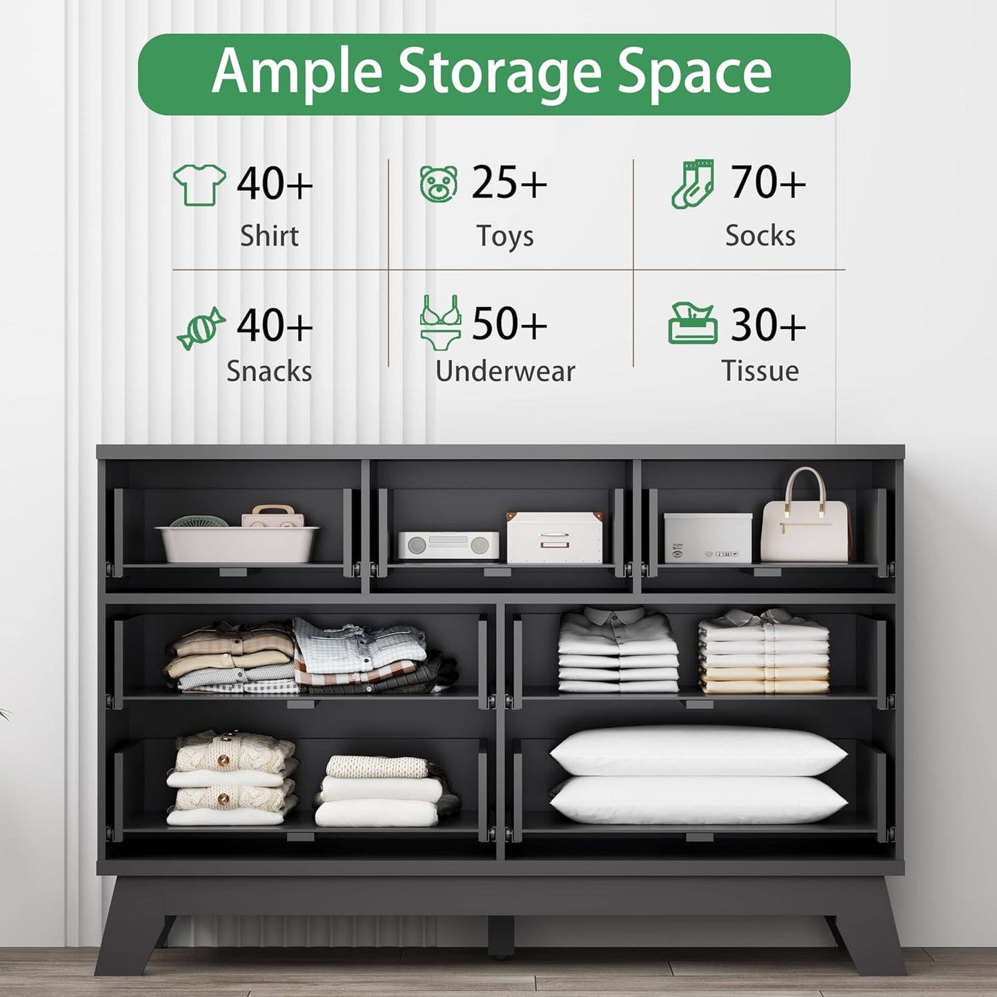 Fluted Dresser for Bedroom with 7 Drawers, 48" Wide Chest of Drawers with Metal Handle, Modern Wood Dresser TV Stand, Wooden Closet Clothes Storage Organizer for Living Room, Hallway, Black