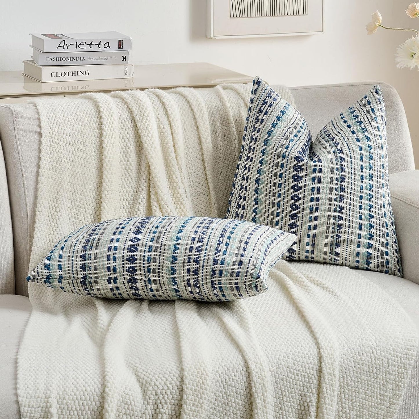 FUTEI Blue Grey Decorative Throw Pillow Covers 24x24 Inch Set of 2,Soft Cozy Chenille Jacquard Textured Euro Pillow Shams,Boho Home Decor for Couch Bed Living Room