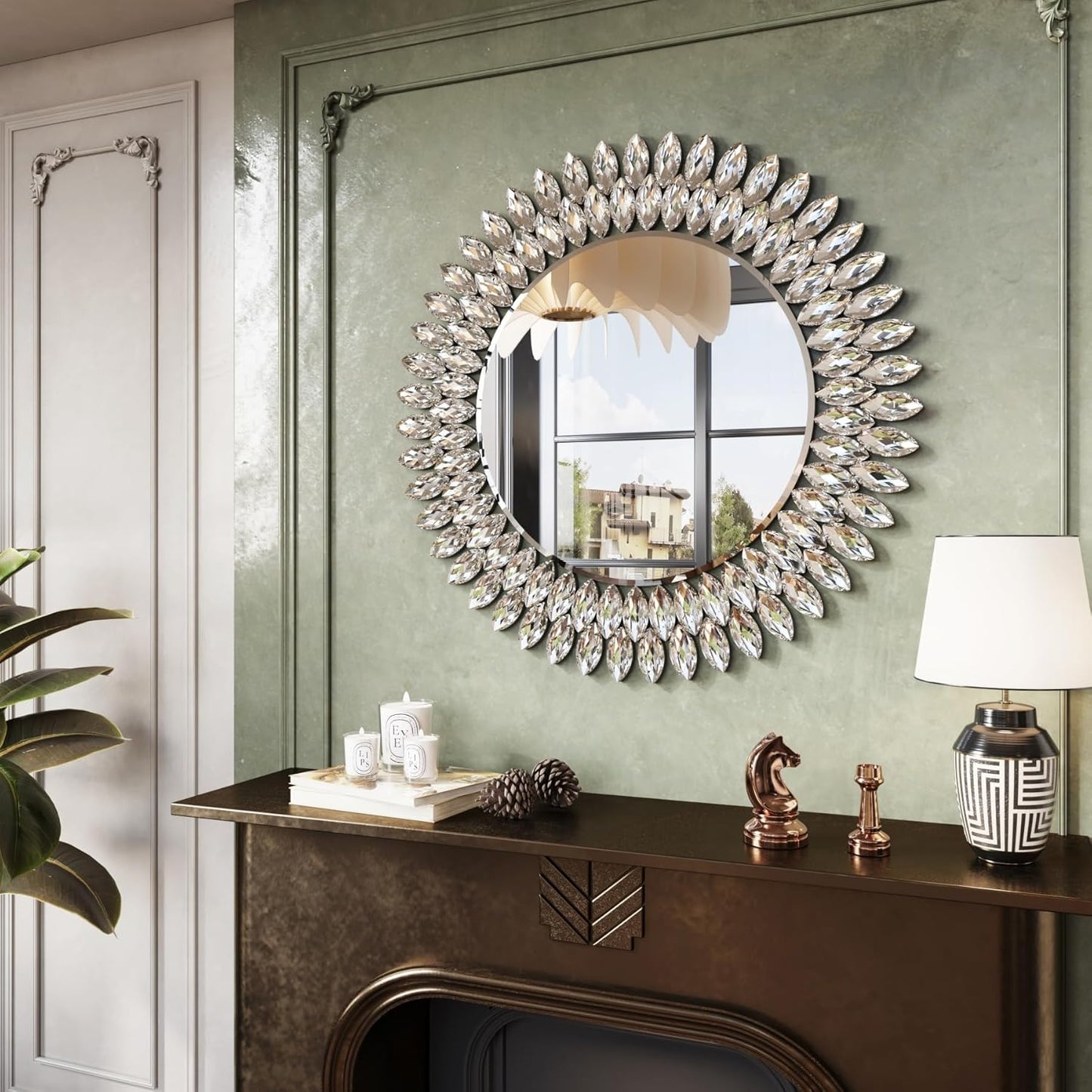Kelly Miller Round Jeweled Mirror for Wall Decor, 26 in Modern Decorative Wall Mirror with Luxury Diamonds Beveled Vanity Mirror for Bedroom Dresser, Living Room Table, Bathroom, Hallway, Entryway
