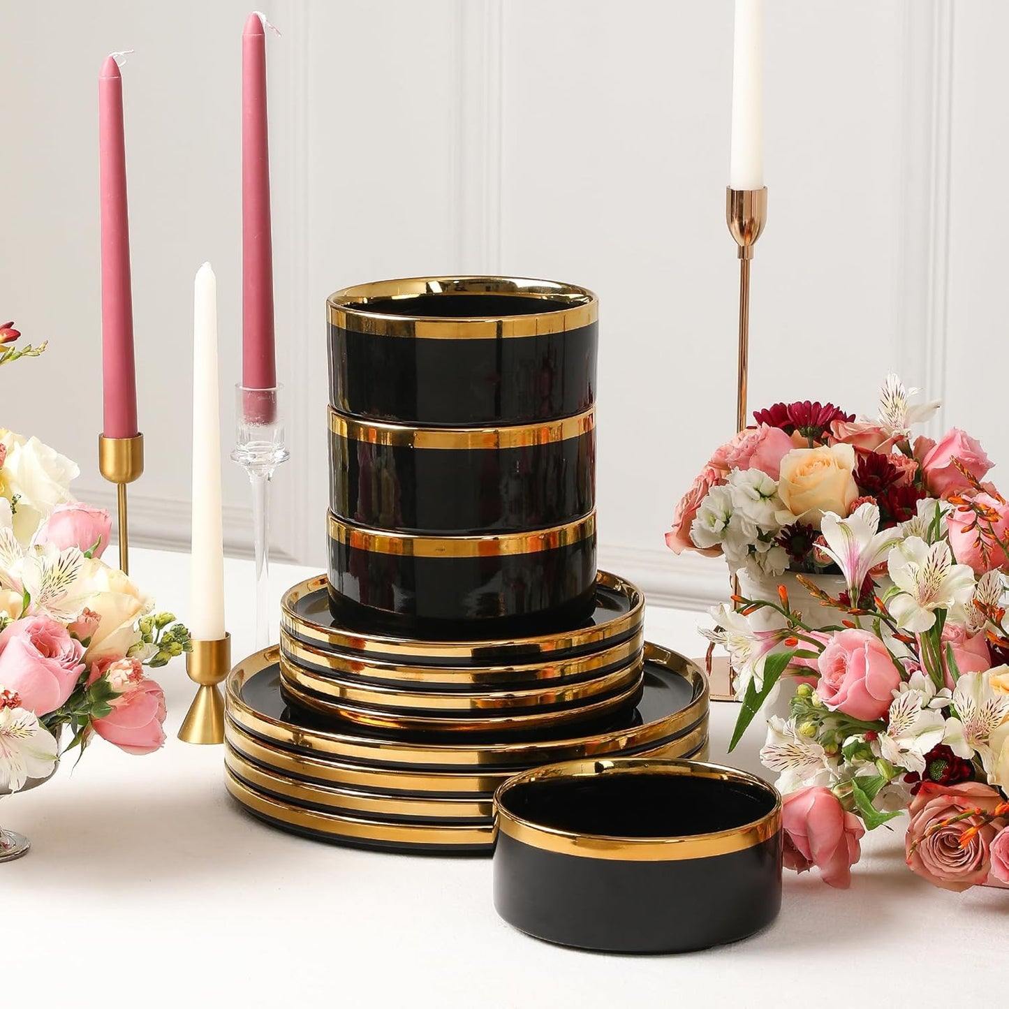 Christian Siriano Solene Stoneware Dinnerware, 12-Piece Plates and Bowls Set, Dish Set for 4, Black with Gold Rim, Glossy Finish, Hand Wash Only
