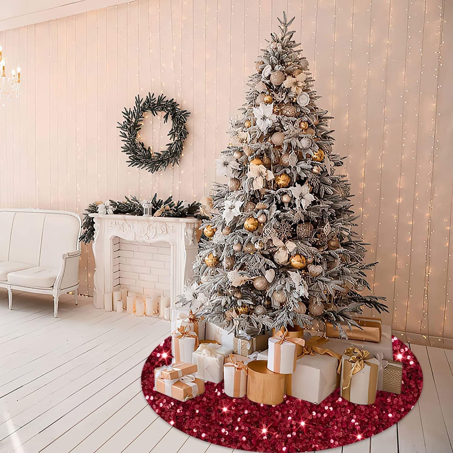 Sequin Tree Skirt 36 Inch Burgundy Christmas Tree Skirt Velvet Fabric Christmas Tree Floor Mat Glitter Tree Skirt Christmas Tree Carpet Wine Red Tree Skirt for Indoor Home Party Decor