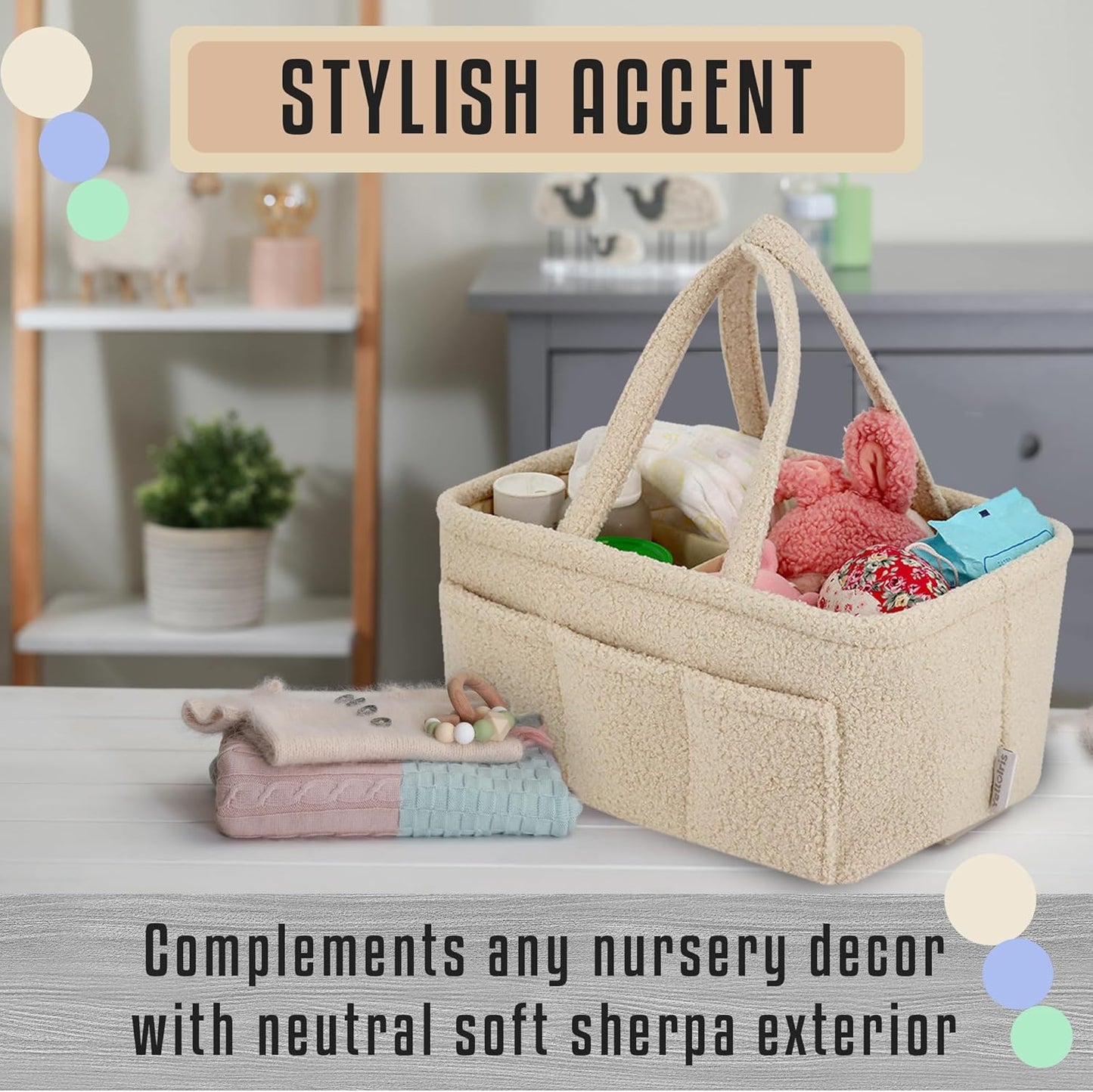 Baby Diaper Caddy Organizer – Soft Beige Sherpa with 3 Removable Compartments & 6 Side Pockets – Perfect Nursery Storage Bin & Car Organizer for Diapers, Baby Wipes, and Essential Supplies.