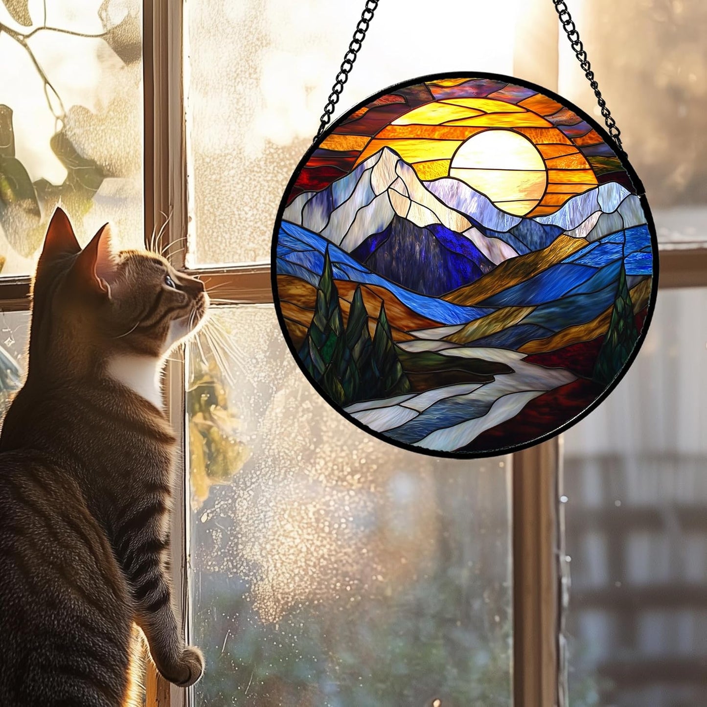 Stained Glass Window Hanging, Yellow Blue Sunset Mountains Scenery Sun Catcher for Window Home Decor Landscape Suncatcher Mother's Day Birthday Gifts for Women Men Mom and Nana 11.8 in
