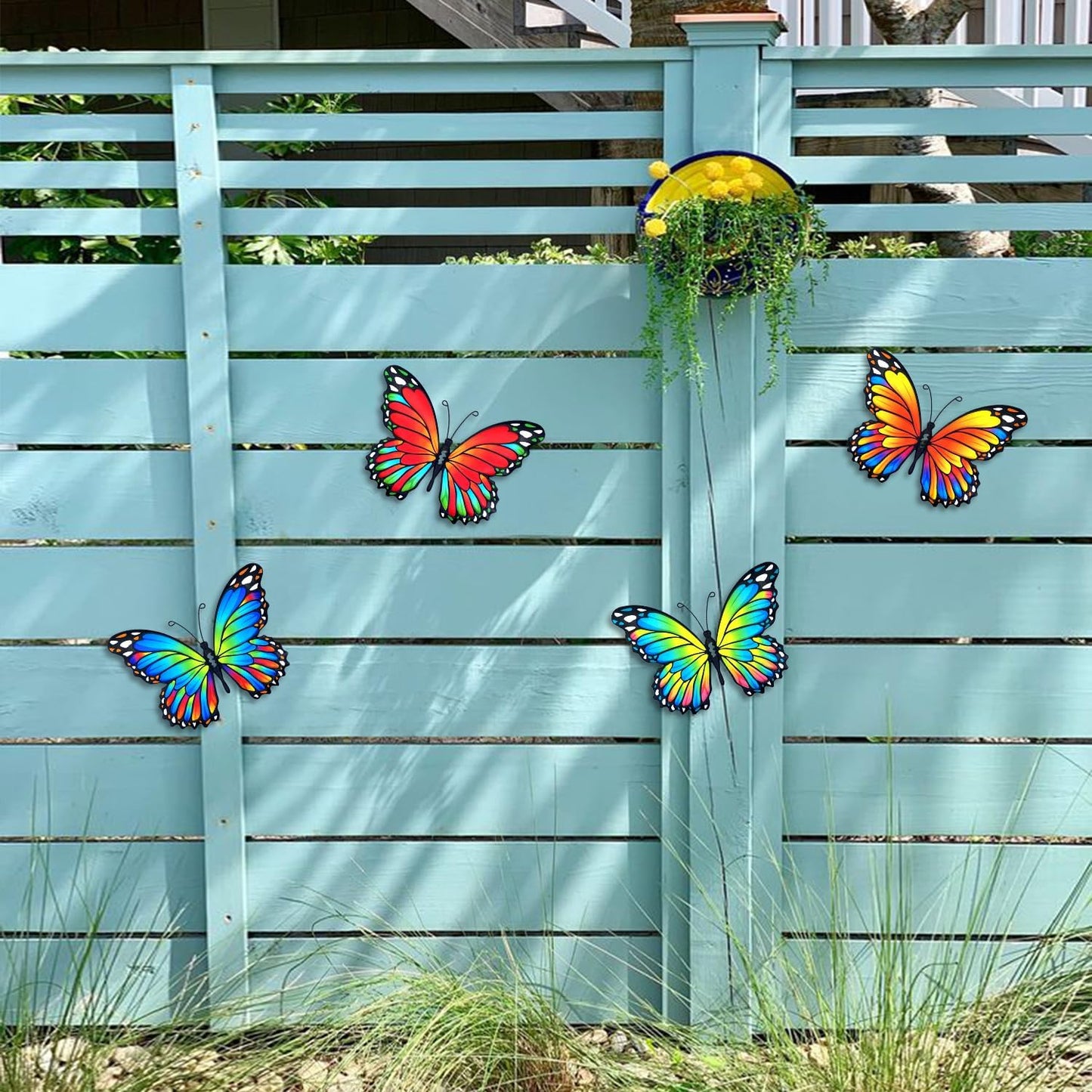 Oraytteo Metal Butterfly Outdoor Wall Decor - 4 Pack 9.8in Metal Butterflies Fence Art Decoration, Indoor Outdoor Patio Backyard Garden Decorations, Gift for Mom Dad Friends